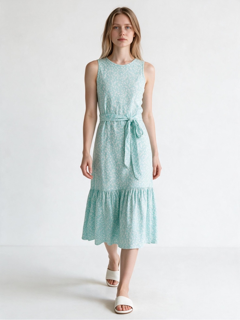 J. Crew Factory Blue Floral Cotton Tie Waist Midi Dress Size S Tiered